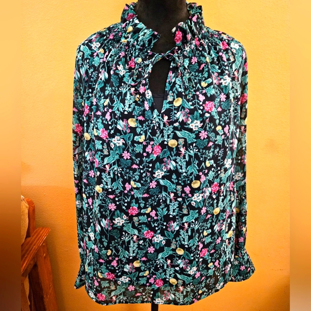 J. Crew Floral Ruffled Tie Front Blouse with Attached Black Camisole